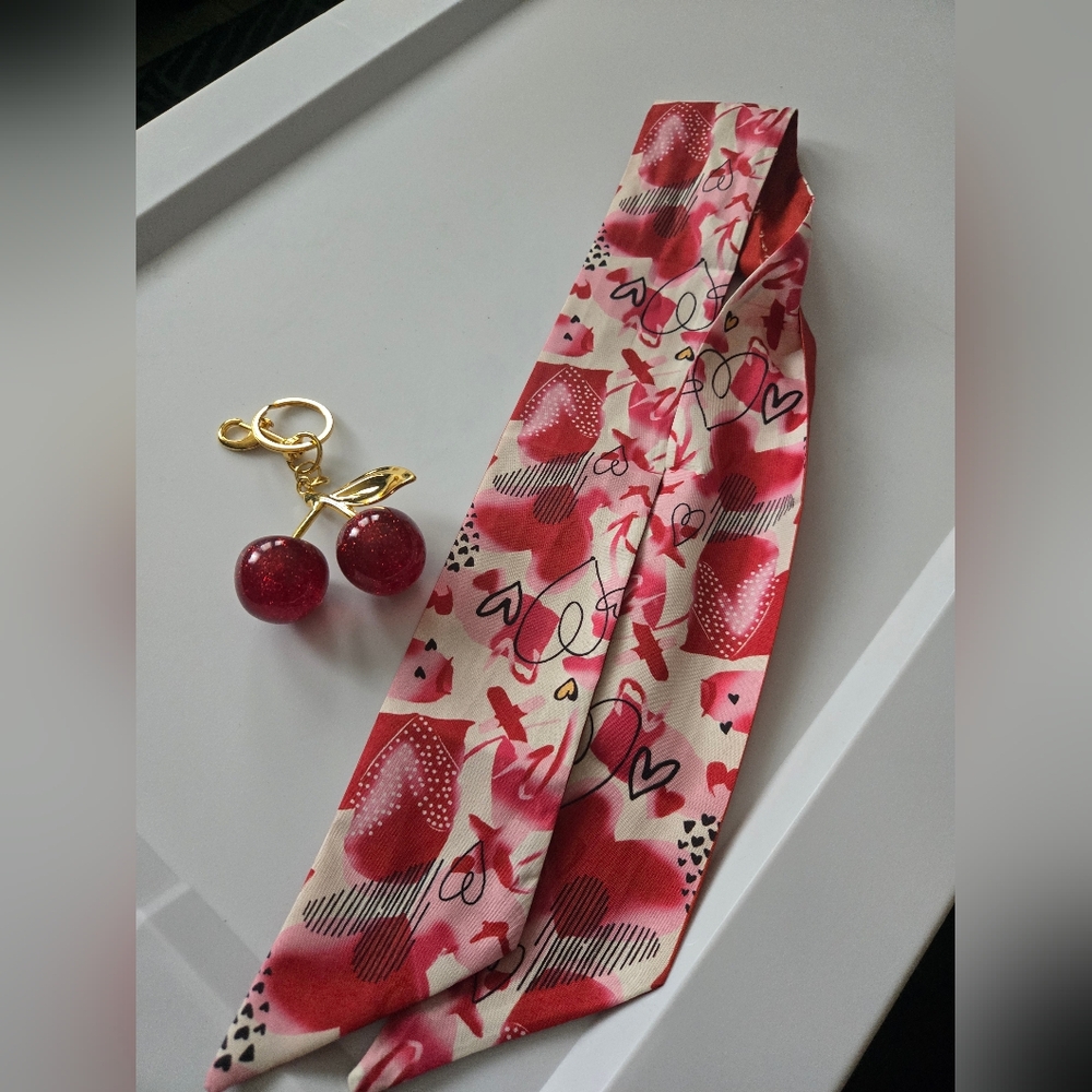 Pink and Red Patterned Scarf with Cherry Keychain